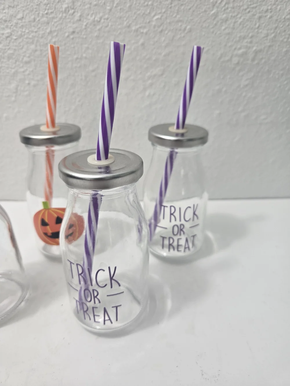 Halloween Trick or Treat Glass Milk Bottles with Orange & Purple Straws